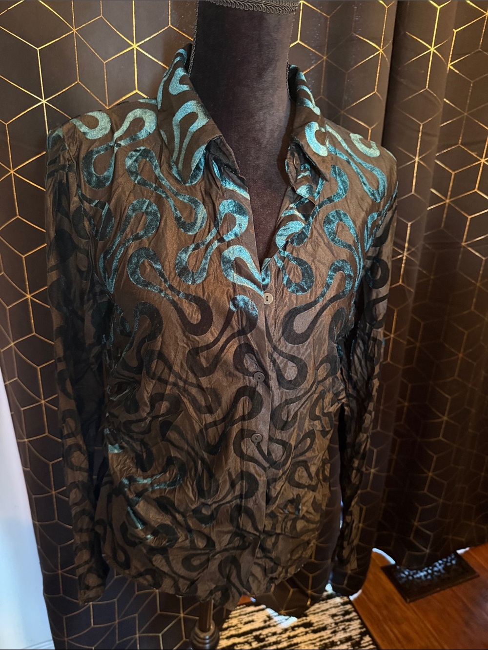 Shimmery sheer Black Button-Up Blouse with green  Velvet Swirl Pattern